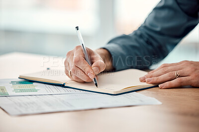 Buy stock photo Writing, notebook and office worker hands of a business woman at a desk working, Schedule planning, research and data job of a creative employee at the workplace busy with company strategy list