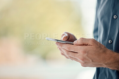 Buy stock photo Man hands, phone and mobile networking of a businessman in a office on web. Online communication, text writing and technology of a social media writer employee with mock up and blurred background