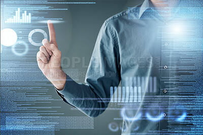 Buy stock photo Man, finger and overlay for data analytics by chart and tech innovation for planning in office. Information technology expert, 3d holographic or hand for iot design, focus or fintech in night