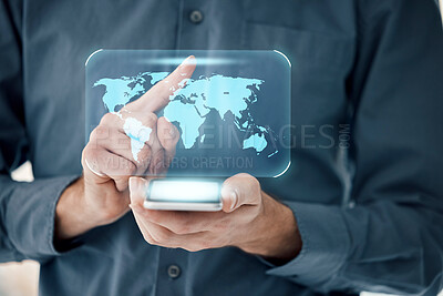 Buy stock photo Hands, phone and digital hologram for global communication, networking or virtual world map. Hand of person holding mobile smartphone with 3D display for future, AI or information technology on app