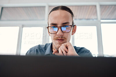 Buy stock photo Internet, laptop and serious businessman in office for email, typing and creative, web design and idea  Website, search and seo man with glasses on online project, task and problem solving in London