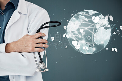 Buy stock photo Closeup, stethoscope and doctor with hologram, global and futuristic healthcare, trust or cure. Zoom, medical professional or male with holograph, world crisis or research for diagnosis or innovation
