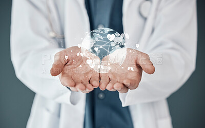 Buy stock photo Doctor, hands and 3D hologram of world for global healthcare, digital help or life insurance against a studio background. Hand of medical expert with futuristic globe for networking or innovation