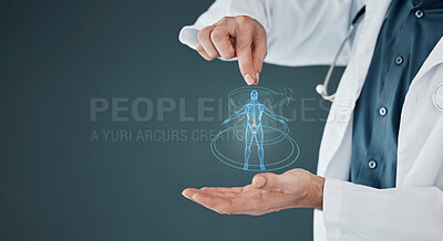 Buy stock photo Healthcare, body and doctor hands with a hologram for anatomy, science and human analysis. Digital, research and medical worker with a holographic person for biotechnology on a mockup background