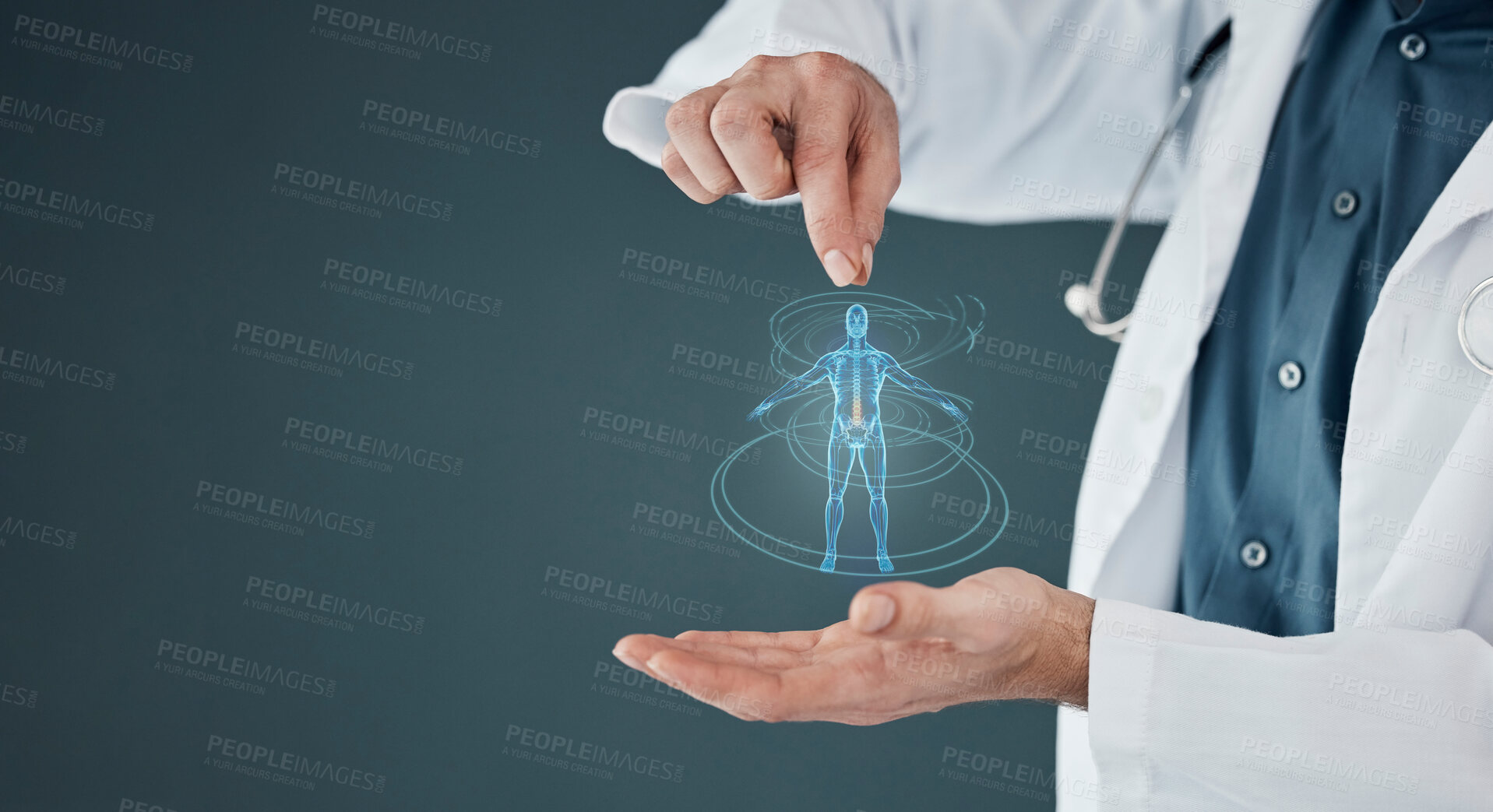 Buy stock photo Healthcare, body and doctor hands with a hologram for anatomy, science and human analysis. Digital, research and medical worker with a holographic person for biotechnology on a mockup background