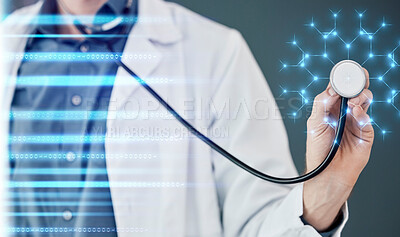 Buy stock photo Healthcare, overlay and stethoscope with the hand of a doctor using ai technology for software health. Medical, future and innovation with a male medicine professional working on a ui interface