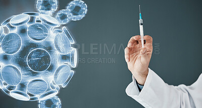 Buy stock photo Hologram, hand and doctor with needle, virus and cure for wellness, treatment and diagnosis for illness. Closeup, doctor or medical professional with holograph, innovation or injection for antibodies