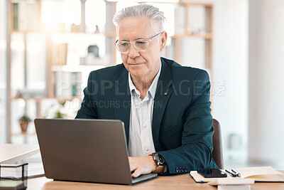 Buy stock photo Computer work, senior man and business data of a employee in a office with accounting research. Digital, finance and online planning of an elderly accountant working with web analytics project