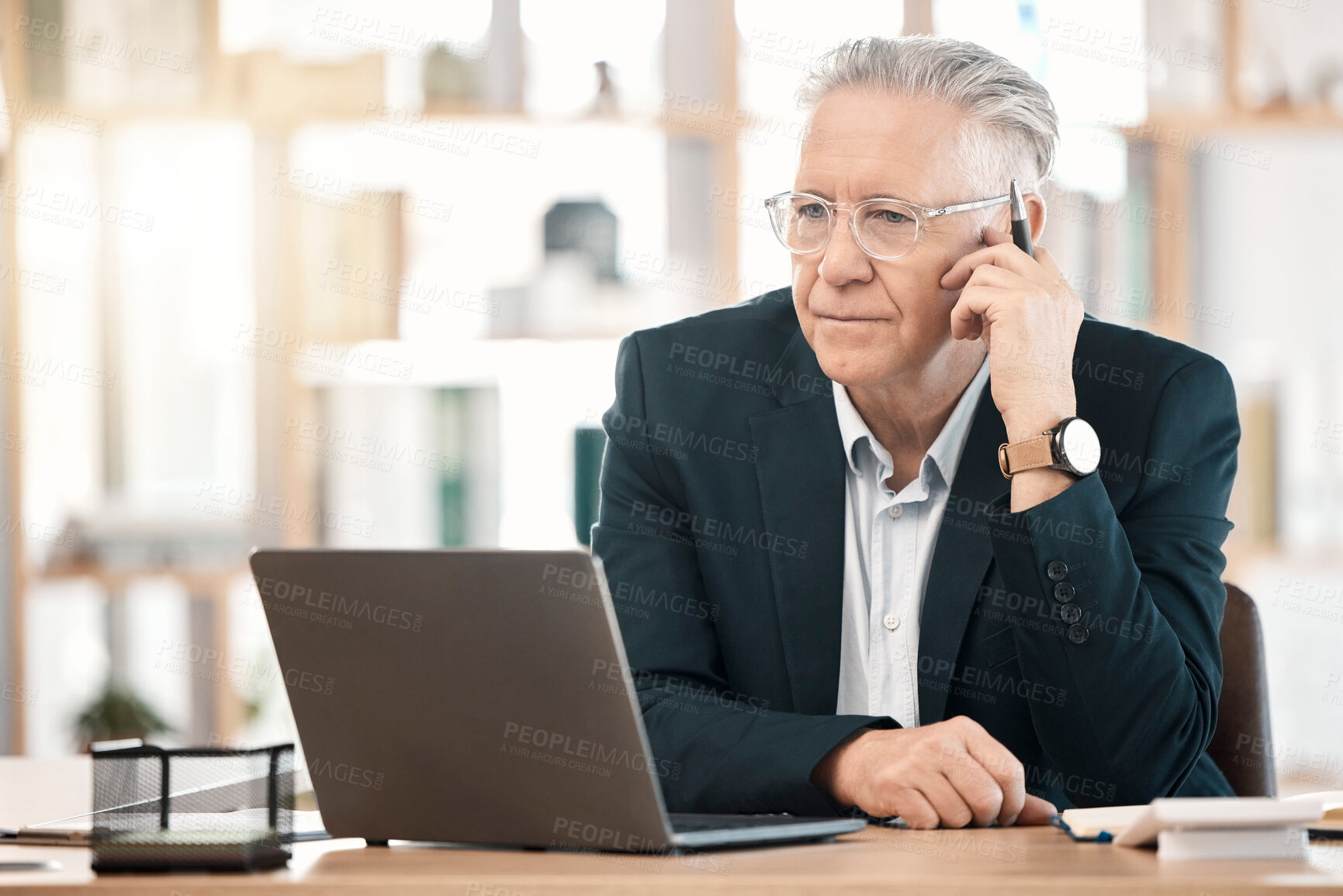 Buy stock photo Senior businessman, laptop and financial advisor thinking at office desk for corporate statistics. Elderly male finance manager or CEO contemplating investment, trade or company goals for marketing
