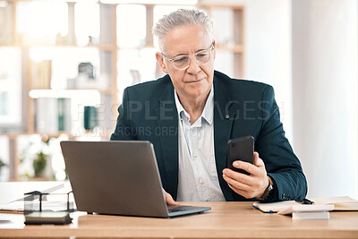 Buy stock photo Laptop, phone and senior business man at desk working online, reading website and internet research. Office, communication and male worker on smartphone for networking, mobile app and social media