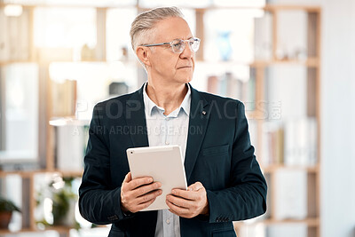 Buy stock photo Thinking, tablet and senior man in office for business management, email or financial planning an investment. Investor, broker or executive person for company mindset, mission or career strategy