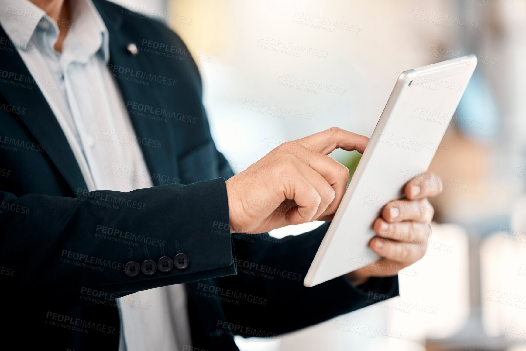 Buy stock photo Connection, hands and businessman with a tablet for an email, typing communication and internet. Working, digital and corporate employee with technology for the web, contact and online networking