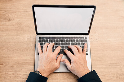 Buy stock photo Hands, laptop and typing with screen mockup above for advertising, communication or marketing. Top view hand of person working on computer display for email, advertisement or branding on wooden table