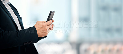Buy stock photo Businessman, phone and hands typing in communication, social media or chatting for corporate idea on mockup. Hand of male manager or CEO texting on smartphone for networking, browsing or conversation
