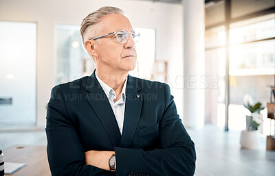 Buy stock photo Senior businessman, thinking and vision with arms crossed for corporate idea, strategy or project plan at the office. Elderly male manager or CEO contemplating company finance, mindset or mission