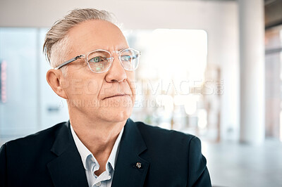 Buy stock photo Senior businessman, thinking and vision for corporate idea, strategy or wondering about project plan at the office. Elderly male manager or CEO contemplating company finance, mindset or mission