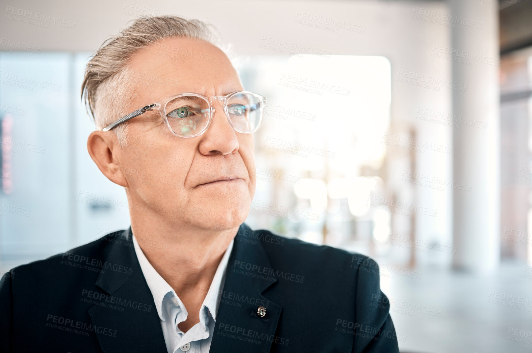 Buy stock photo Senior businessman, thinking and vision for corporate idea, strategy or wondering about project plan at the office. Elderly male manager or CEO contemplating company finance, mindset or mission