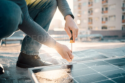 Buy stock photo Solar panel, screwdriver and worker hands with tools for renewable energy and electricity. Sustainable innovation, roof work and engineering employ install eco friendly and sustainability product