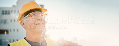 Buy stock photo Senior man, builder and construction in the city with smile and helmet for safety or security at site on mockup. Elderly male contractor, engineer or technician face smiling with hard hat in town