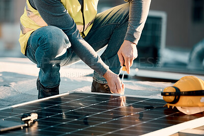 Buy stock photo Solar panel, screwdriver and industrial worker hands with tools for renewable energy and electricity. Community innovation, roof work and engineering install a eco friendly and sustainability product