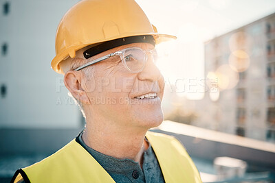 Buy stock photo Building, construction and senior man with vision, ideas and thinking of architecture design in city. Engineering, development and face of handyman, maintenance worker and contractor planning goals