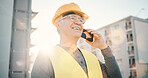 Architecture, construction and old man on a phone call in city for network, industrial and building. Engineering, communication and builder talking, planning and conversation for property development