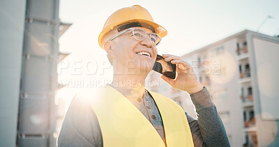 Buy stock photo Architecture, construction and old man on a phone call in city for network, industrial and building. Engineering, communication and builder talking, planning and conversation for property development