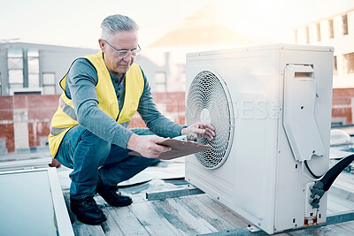 Buy stock photo Engineer on rooftop, air conditioning and technician with clipboard, maintenance or repair machine. Male, worker or handyman with document, checklist or confirm working fan hvac for quality assurance