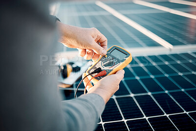 Buy stock photo Solar panels, multimeter and engineering hands for voltage check, installation or maintenance. Sustainability, eco friendly or energy saving technology, contractor inspection or troubleshooting tools