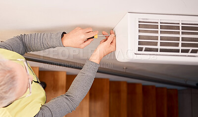 Buy stock photo Service, installation and above of a man with an air conditioner, maintenance and ac repair. Building, contractor and a handyman fitting a tool on a wall of a home for home improvement and heat