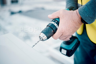 Buy stock photo Construction, building and hands with a driller for architecture, maintenance and handyman work. Builder, contractor and man with an electric power tool for hardware, repairs and industrial job