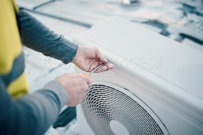 Buy stock photo Hands, air conditioner and maintenance with a man construction worker on a rooftop to install a cooling system. Engineer, hvac and ac repair with a male handyman servicing a building closeup