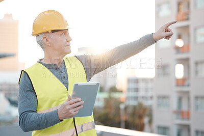 Buy stock photo Digital tablet, city and male construction worker working on building for maintenance, renovation or repairs. Leadership, contractor and senior man industry worker at a town site with a mobile device