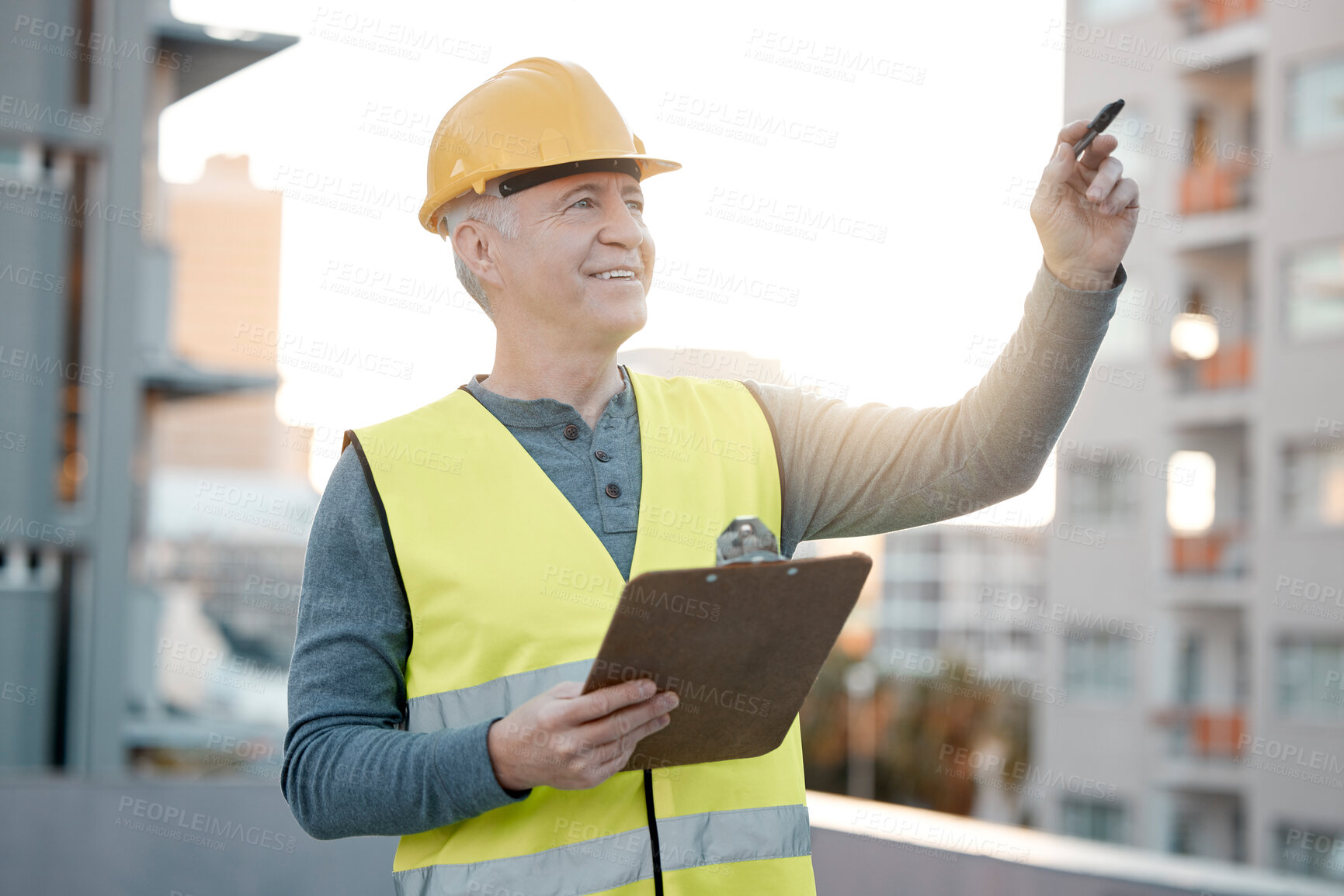 Buy stock photo Clipboard, city and man construction worker planning on a building for maintenance, renovation or repairs. Leadership, contractor and senior male industry employee thinking on site with a checklist.