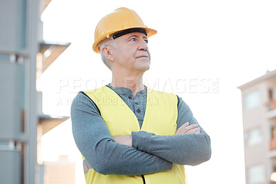 Buy stock photo Construction worker, old man and architecture, building industry and renovation with contractor outdoor thinking. Property development vision, leadership mindset and helmet for safety at urban site