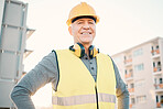 Construction worker, senior man and architecture, renovation and building industry with portrait outdoor. Property development, success and leader with helmet for safety, builder at work site in city