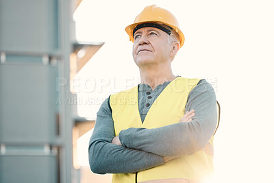 Buy stock photo Construction worker, senior man and architecture, building industry and renovation, contractor outdoor thinking. Property development vision, leadership mindset and helmet for safety at urban site