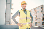 Construction worker, elderly man and architecture, renovation and building industry with portrait outdoor. Property development, success and leader in helmet for safety, builder at work site in city