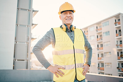 Buy stock photo Construction worker, old man in portrait and architecture, renovation with building industry and outdoor. Property development, success and leader in helmet for safety, builder at work site in city