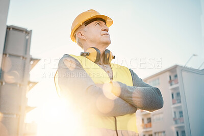 Buy stock photo Construction worker, senior man and architecture, leadership mindset with contractor outdoor in city. Renovation, building industry and builder thinking with urban job site and property development