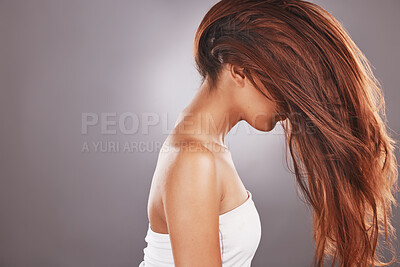 Buy stock photo Black woman with straight hair isolated on studio background for healthy glow, beauty shine or care. Young model or person flip for natural growth, red color and salon hairdresser treatment mockup