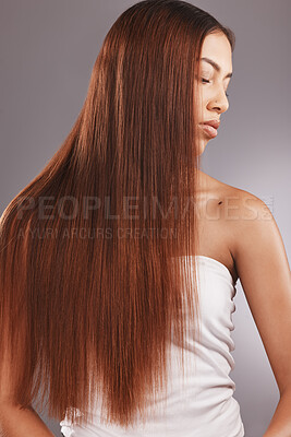 Buy stock photo Black woman with straight brown hair isolated on studio background for healthy glow, beauty shine or care. Young  USA model or person for natural growth, red dye color and salon hairdresser treatment