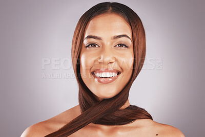 Buy stock photo Hair care, smile and portrait of a model with healthy hairstyle from hairdresser or salon. Beauty cosmetics, brazilian treatment and wellness of a young woman from Brazil with happiness and a smile  