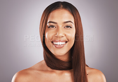 Buy stock photo Hair care shine, beauty and portrait of a woman with healthy hairstyle from hairdresser or salon. Cosmetics, brazilian treatment and wellness of a young model from Brazil with happiness and a smile  