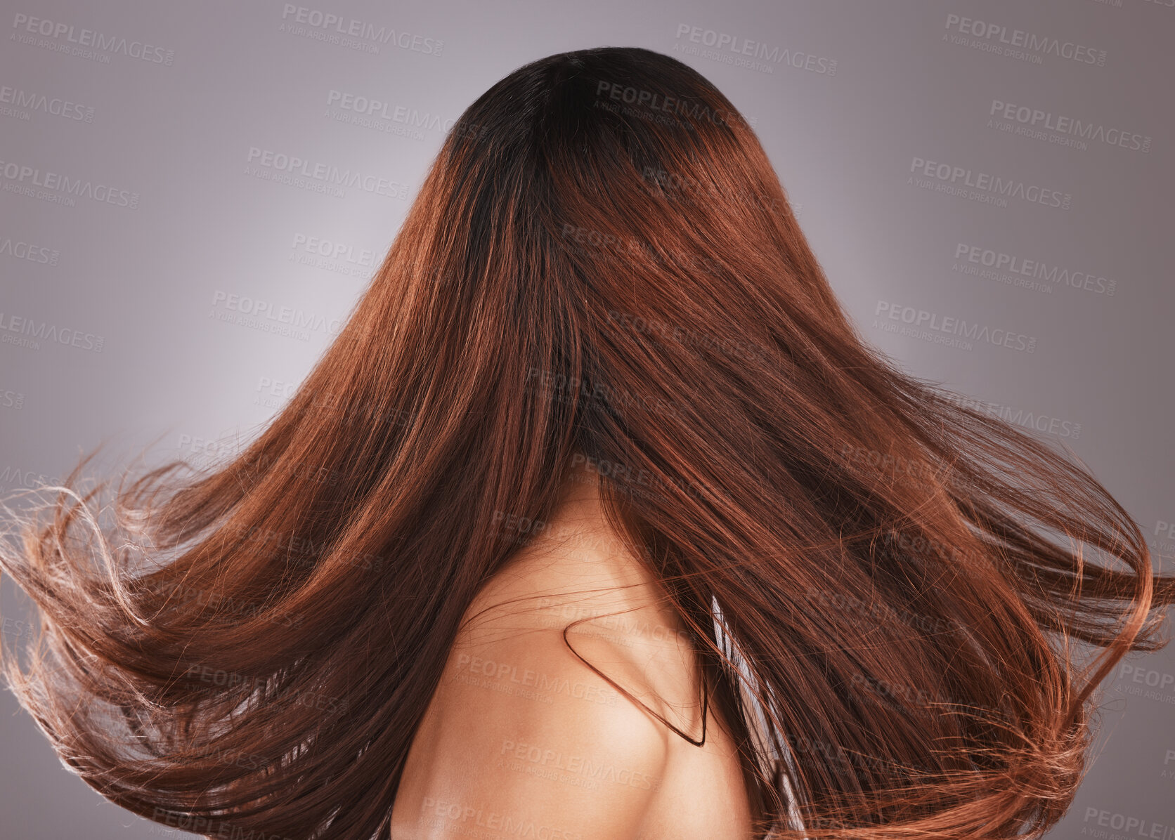 Buy stock photo Beauty, hair and health with woman and wind for shampoo, salon and cosmetics transformation mockup. Keratin, balayage and glow with girl model and self care for product, growth and gloss treatment