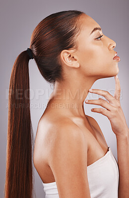Buy stock photo black woman, profile and skincare with salon hair aesthetic for wellness and self care. Isolated, gray background and studio with a person with healthy hairstyle and dermatology feeling skin glow 