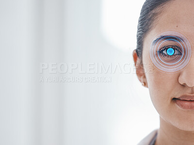 Buy stock photo Digital, eye scan and portrait of a woman at work for facial recognition, identity and detection. Digital, mockup and face of an employee with a retina check for corporate protection and verification