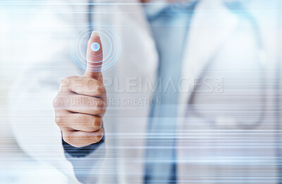 Buy stock photo Doctor, thumb or fingerprint futuristic scan, ai healthcare data or medical profile on fintech, password or hospital hologram. Hand, nurse or woman for abstract future cybersecurity UX software touch
