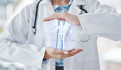 Buy stock photo Hologram, medical and doctor with digital anatomy, skeleton and futuristic healthcare professional with ai. 3d, analysis and virtual holographic body in hands for hospital innovation and research