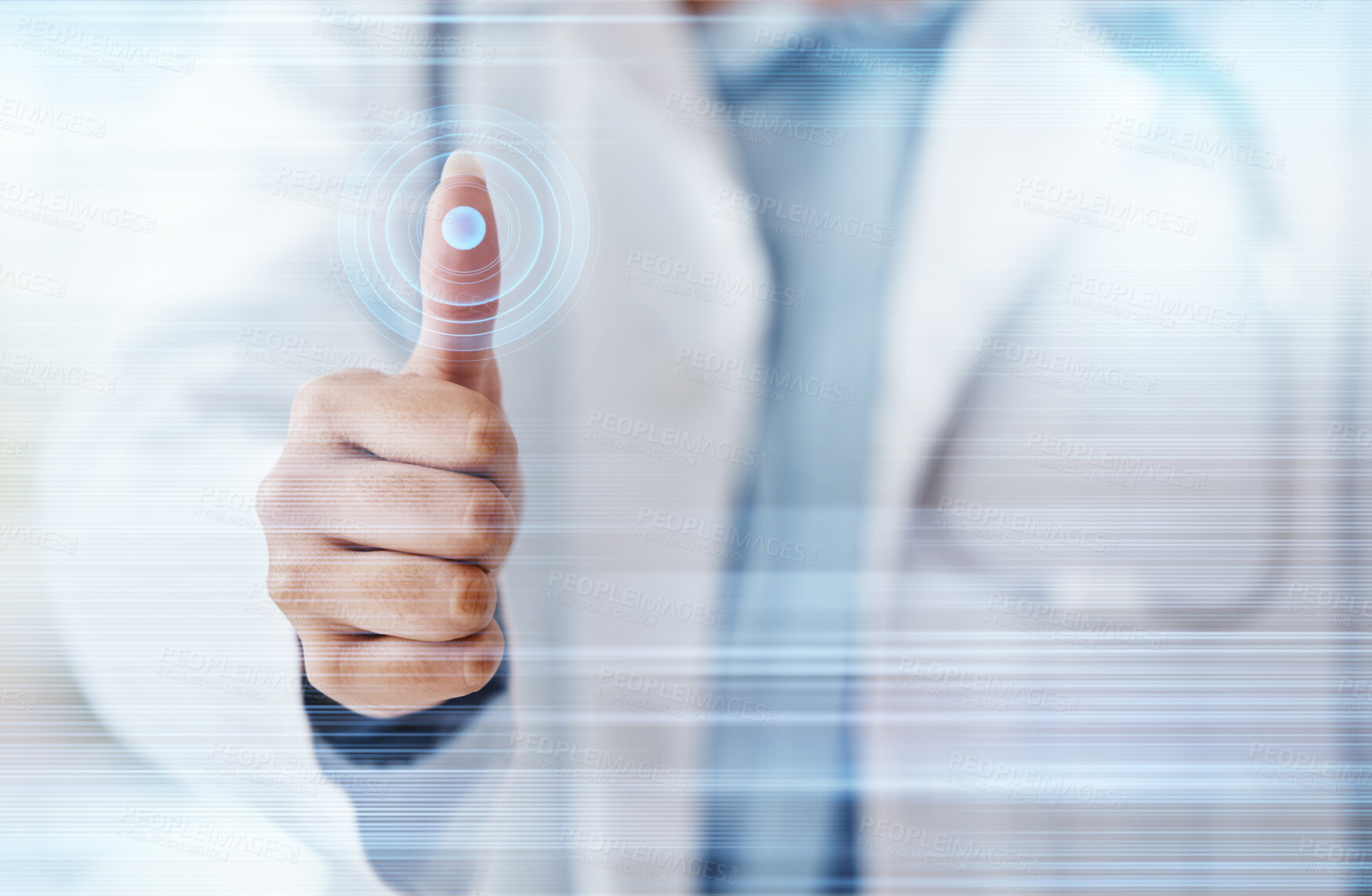 Buy stock photo Doctor, thumbs up or fingerprint scan of dna, healthcare data or medical profile on fintech, futuristic or hospital hologram. Hand, nurse or woman for abstract future cybersecurity UX software touch